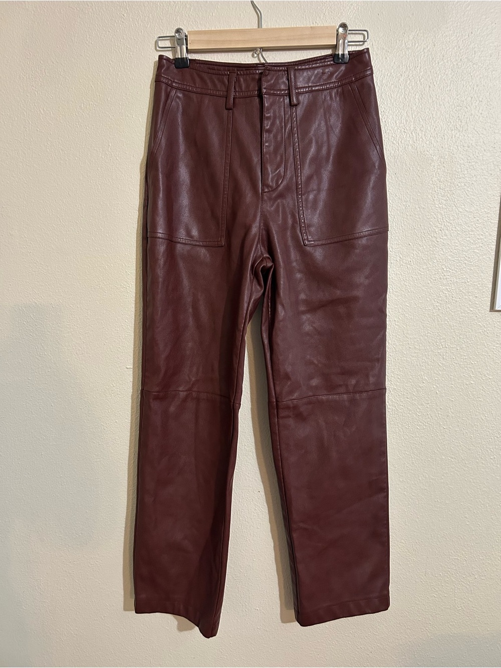 7 For All Mankind Burgundy Brown Faux Leather Pants Small Patch Pockets Moto